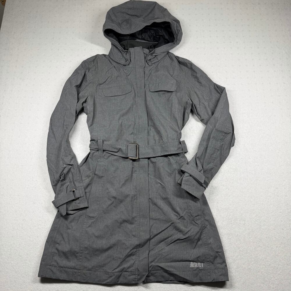 REI Elements La Selva Women’s Rain Trench Coat Small Gray Belted Removable Hood